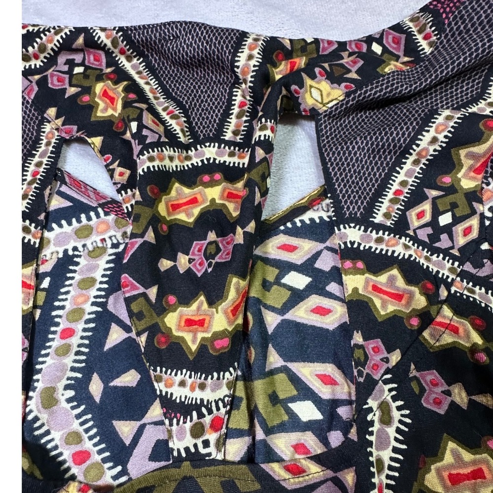 Patrons of Peace Boho Bell Sleeve Geometric Print Mini Dress Small Crochet Trim - Picture 7 of 7